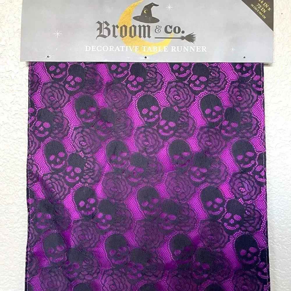 Halloween Purple Black Floral Skull Lace Mesh Table Runner